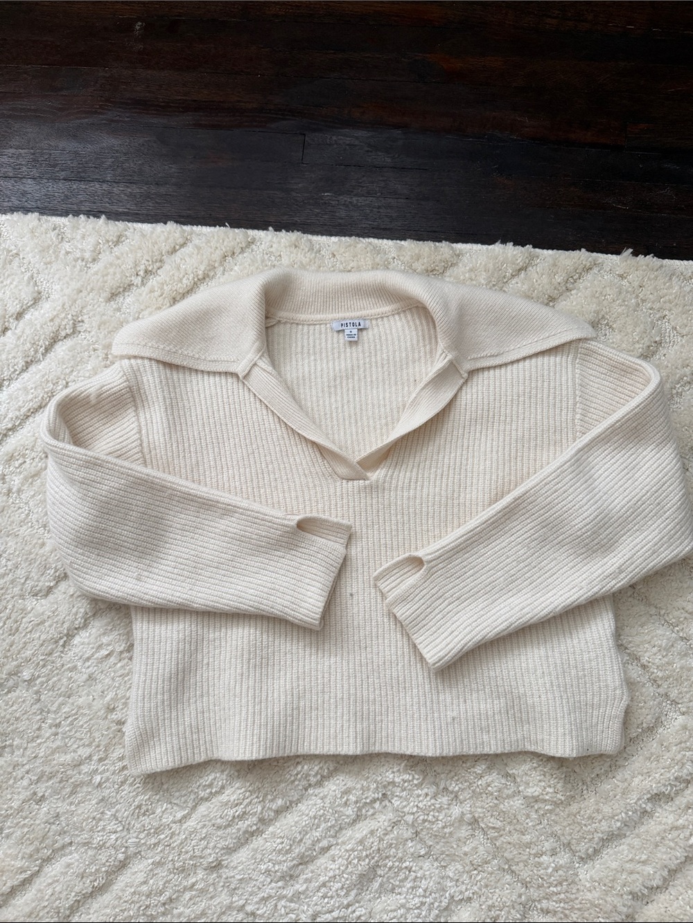 pistola Cream Ribbed V-Neck Collared Sweater